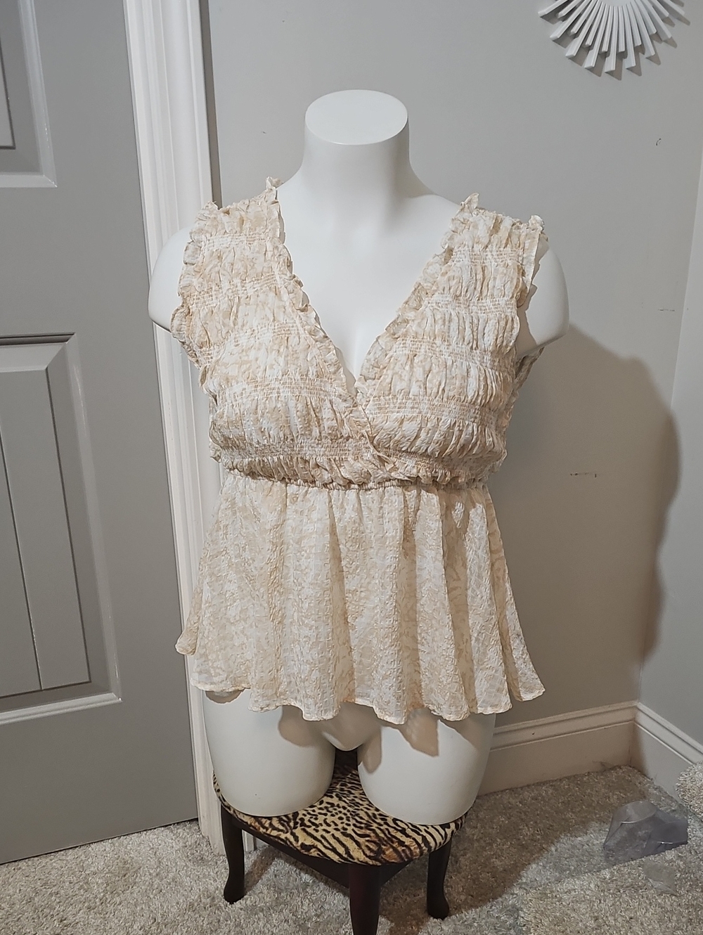 Smocked V-Neck Cream Peplum Camisole